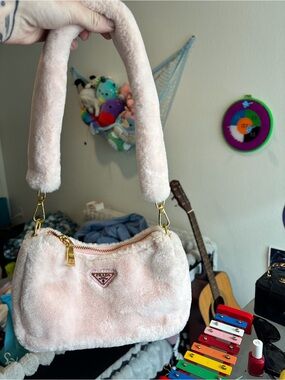 Prada Pink Faux Fur Shoulder Bag with Gold Hardware